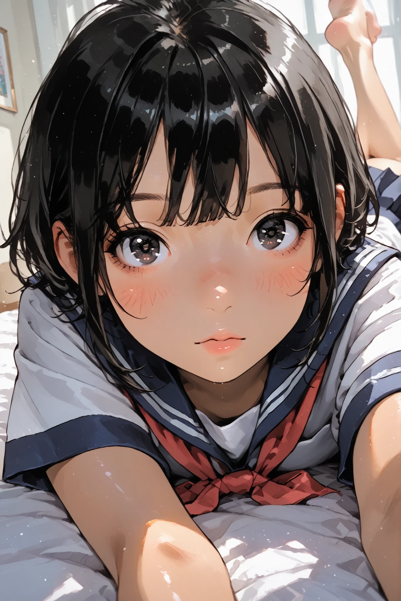 1girl,Super Detailed,absolute resolution,(dynamic angles),(tanned skin:0.3),(portrait),((pinup)),((cowboy shot)),
beside viewer,lying on bed,(on stomach:1.3),(reaching in front),
school uniform,serafuku,(short sleeves),navy pleated miniskirt,barefoot,
detailed and beautiful face and eyes,black eyes,eyes reflection,big eyes,Japanese girl,flat chest,(round nose:0.5),
black hair, short hair,(long sidelocks),(choppy bangs),(messy hair:0.7),
(blush:0.7),(nose blush:0.7),,Watercolor anime,