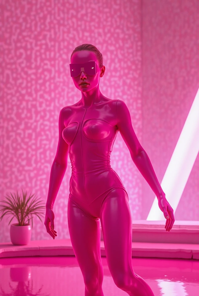 girl caramel red latex mutant waitress robot zombie radical, front-facing, belly slim waist, large bosom, big-ass, muscular thigh, white metallic bikini, light pink 8k , alta definition, sharp details