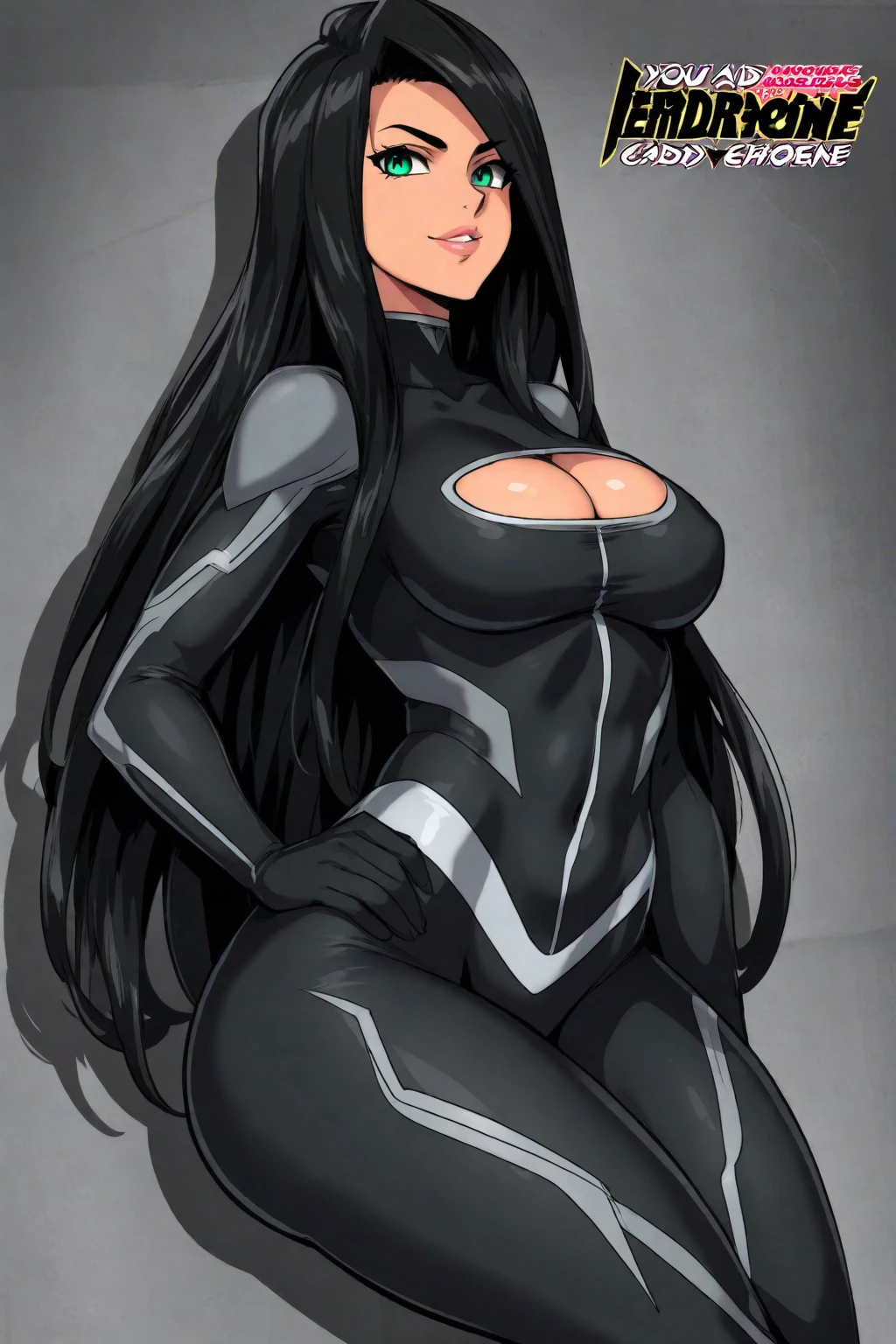 masterpiece, high quality, best quality, 1girl, solo, (muscular female:1.0), (super gigantic breasts:1.0), (closed mouth, half smile), harah, long hair, brown hair, blue eyes, dark skin, large breasts, earrings, (black and blue color-blocked bodysuit:1.50), (((blue on the sides and black on the middle of the bodysuit:1.5))), lips, blue sclera, anime screencap, anime key visual, (fully clothed:1.0), full body <lora:Harah:1.0>