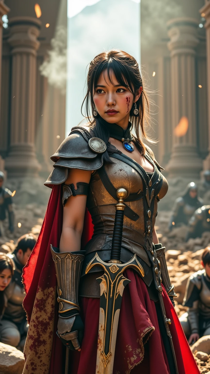 Extreme details, perfect face, medium breasts, black hair in a bun, white armor, samurai armor, heroic posture, samurai flags, rising sun, warm lighting, 1girl