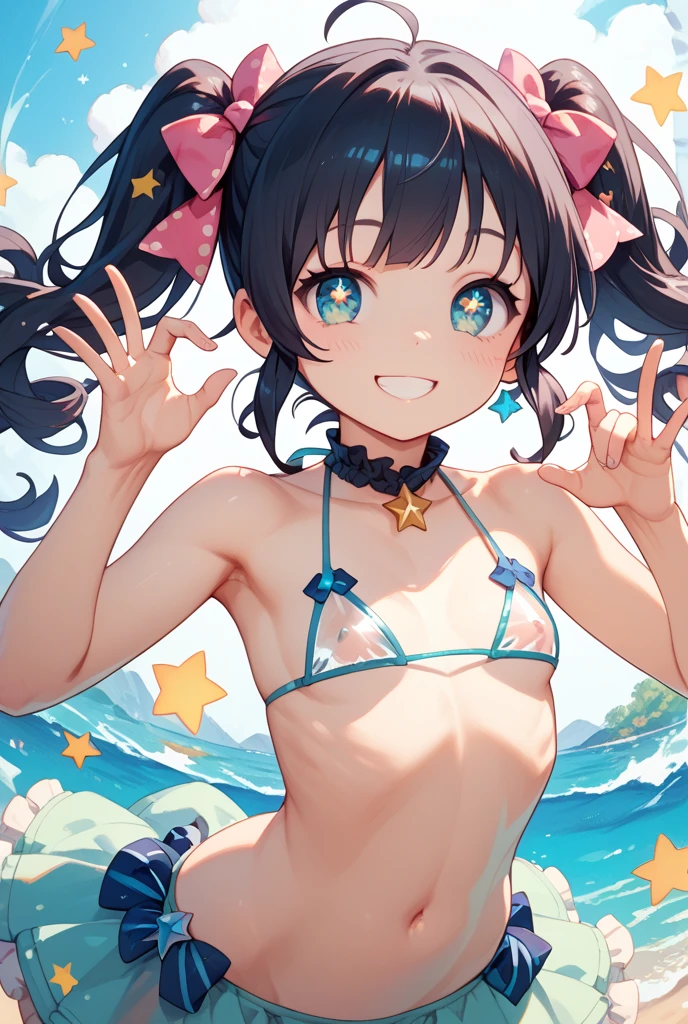 <lora:minamiya-000016:1>,(master piece:1.3),(best quality:1.3), cowboy shot, (1girl:1.2), solo,medium breasts, (seductive smile:1.3), (black hair:1.2), (blue eyes:1.2), long hair,(string bikini:1.3), standing, looking at viewer, (sea:1.3),(starry sky:1.3) ,beach, water,<lora:pastelMixStylizedAnime_pastelMixLoraVersion:0.8>