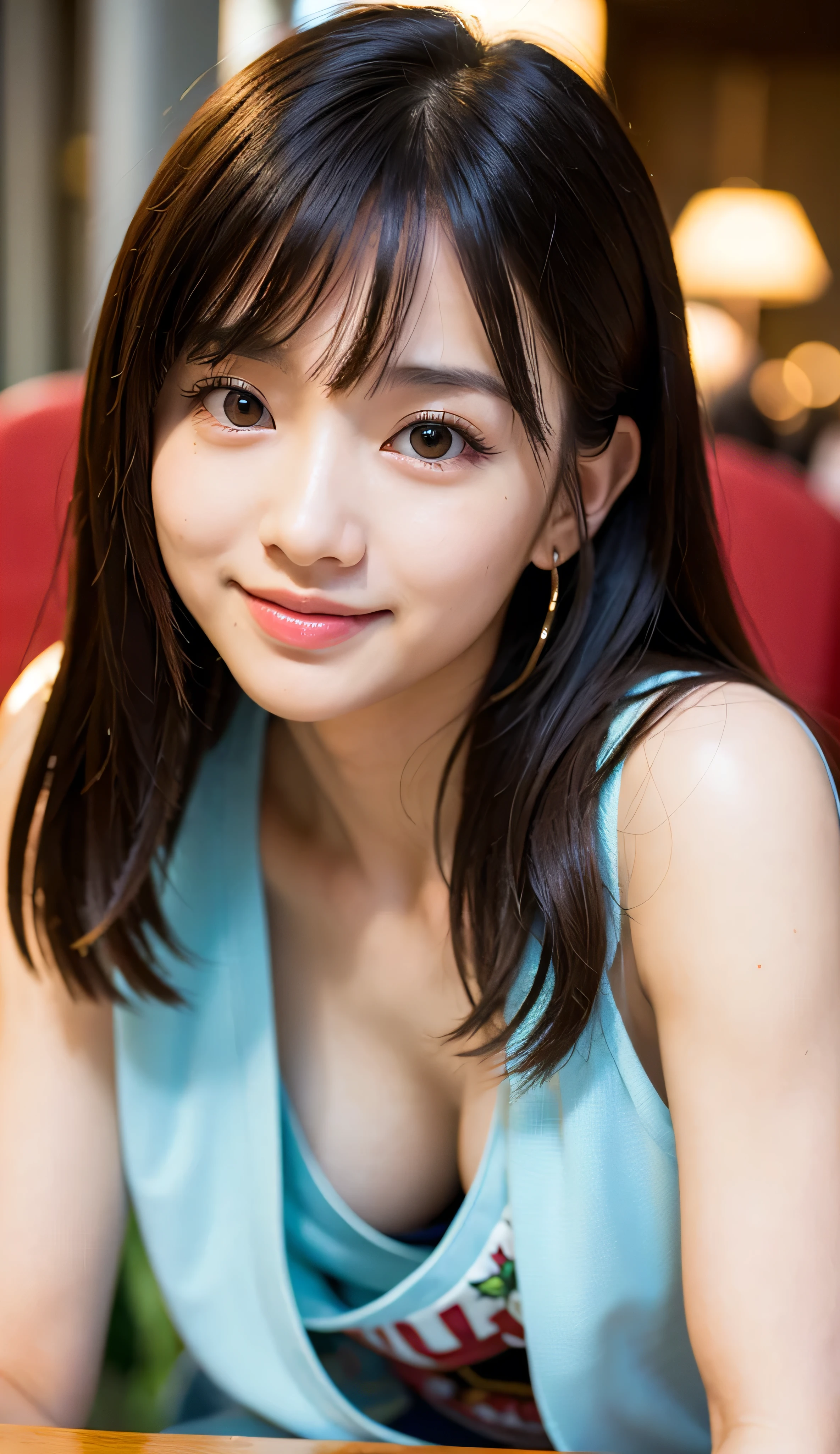 A very cute face like an idol、Looks like a young face、20-year-old female、Gentle and cute、A kind smile、Cleavage、A crowded bar、Toast with a beer mug、Natural light、whole body、RAW Photos、Genuine、Artistic、Real Stick、High resolution、Genuine Life、No copyright notice