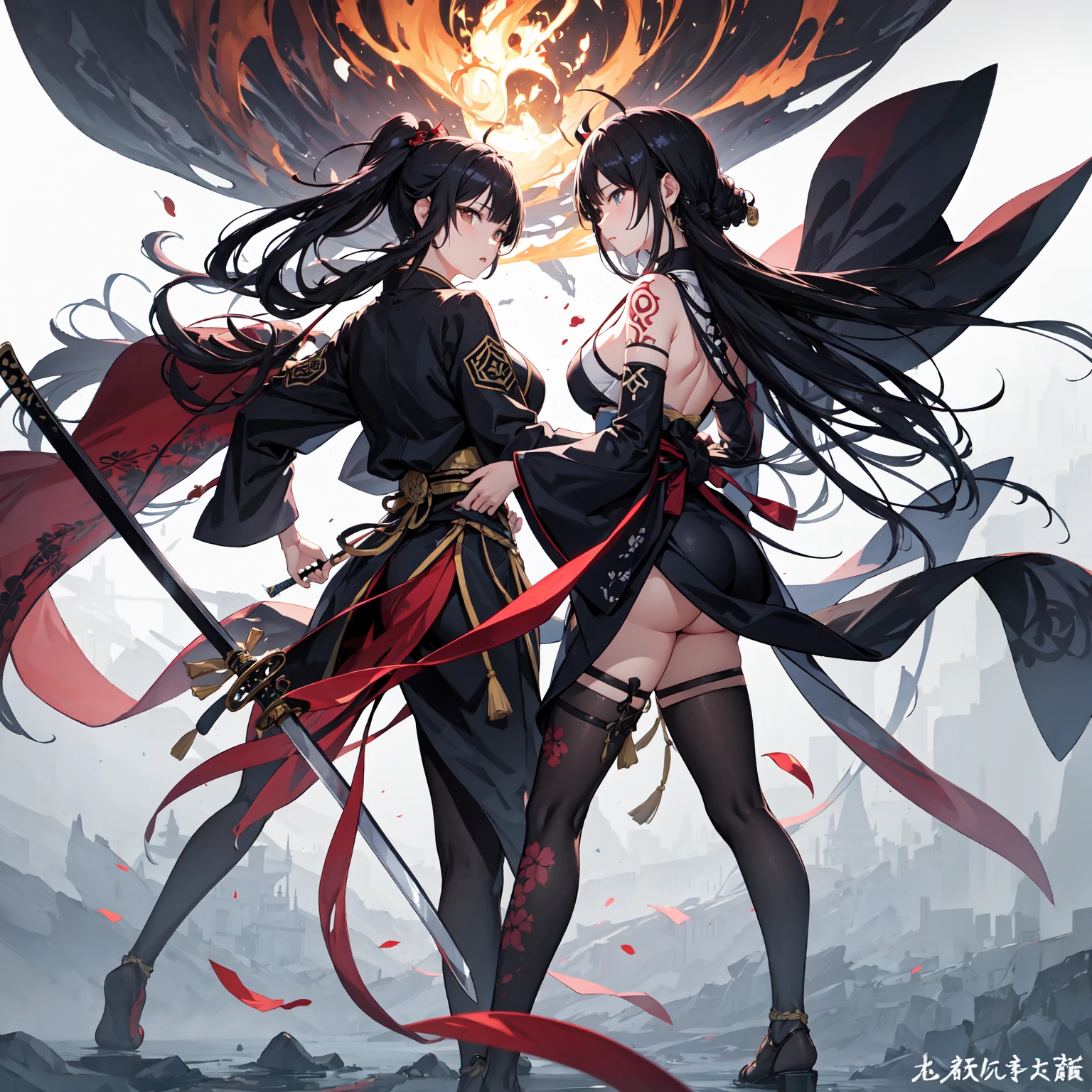 Title: Cover Art for "O Clã: Reino das Sombras"

Description:
"Create a dramatic and captivating cover art for the anime titled 'O Clã: Reino das Sombras.' The cover should feature the following elements:

Central Focus: A powerful and imposing figure representing the leader of the Dragon Clan, Kaida, in her intricately detailed battle attire with dragon symbols. She should be in a commanding pose, exuding strength and authority.

Background: The background should depict a dark and mysterious realm with a dramatic and stormy sky. Include elements of shadowy landscapes and towering mountains to reflect the 'Reino das Sombras' theme.

Supporting Characters: Surround Kaida with key members of the Dragon Clan in dynamic action poses. Show a few warriors in battle-ready stances, with one wielding a spear, another swinging a sword, and an archer ready to shoot.

Title Text: At the top or bottom of the cover, prominently display the title "O Clã: Reino das Sombras" in bold, stylized font that fits the fantasy theme. The text should be ornate and dramatic, perhaps incorporating dragon motifs or shadow effects.

Atmosphere: The overall atmosphere should be epic and intense, with high contrast between light and shadow to emphasize the conflict and grandeur of the story.

Color Scheme: Use a color palette with dark tones, such as deep blues, purples, and blacks, accented by fiery reds and golds to highlight the central figure and important elements."