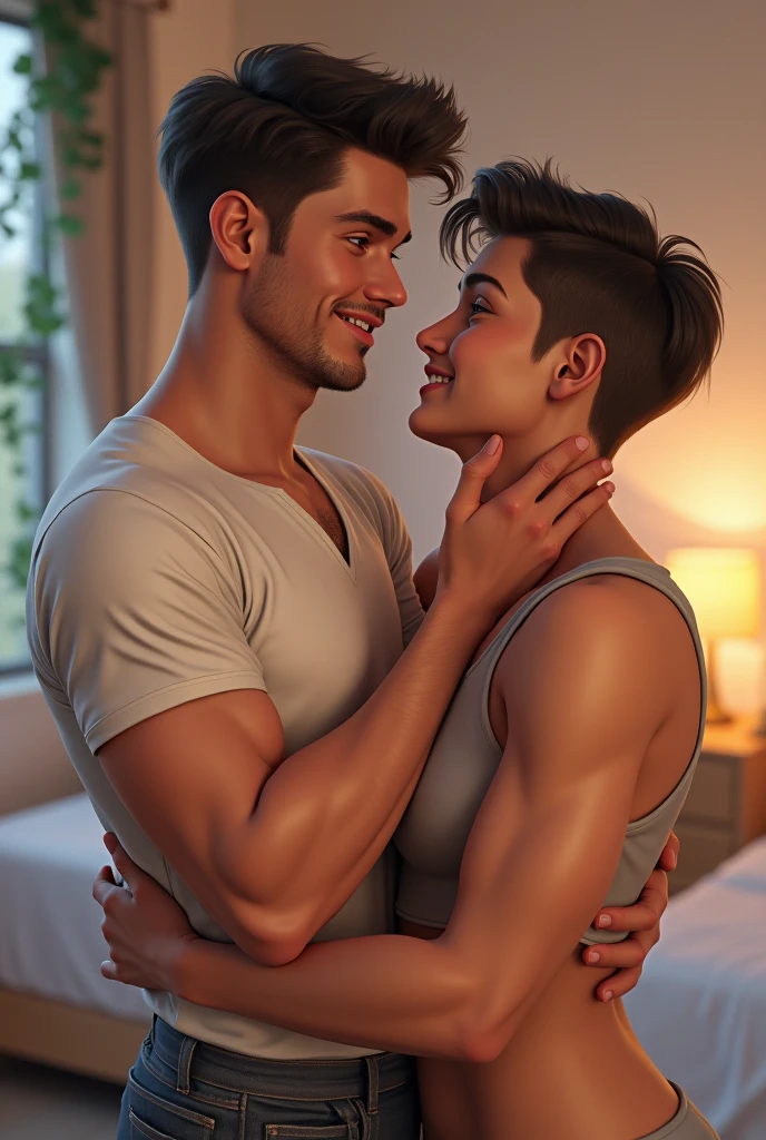 tall muscular man, black hair, hugging a light-skinned boy around the waist, straight hair