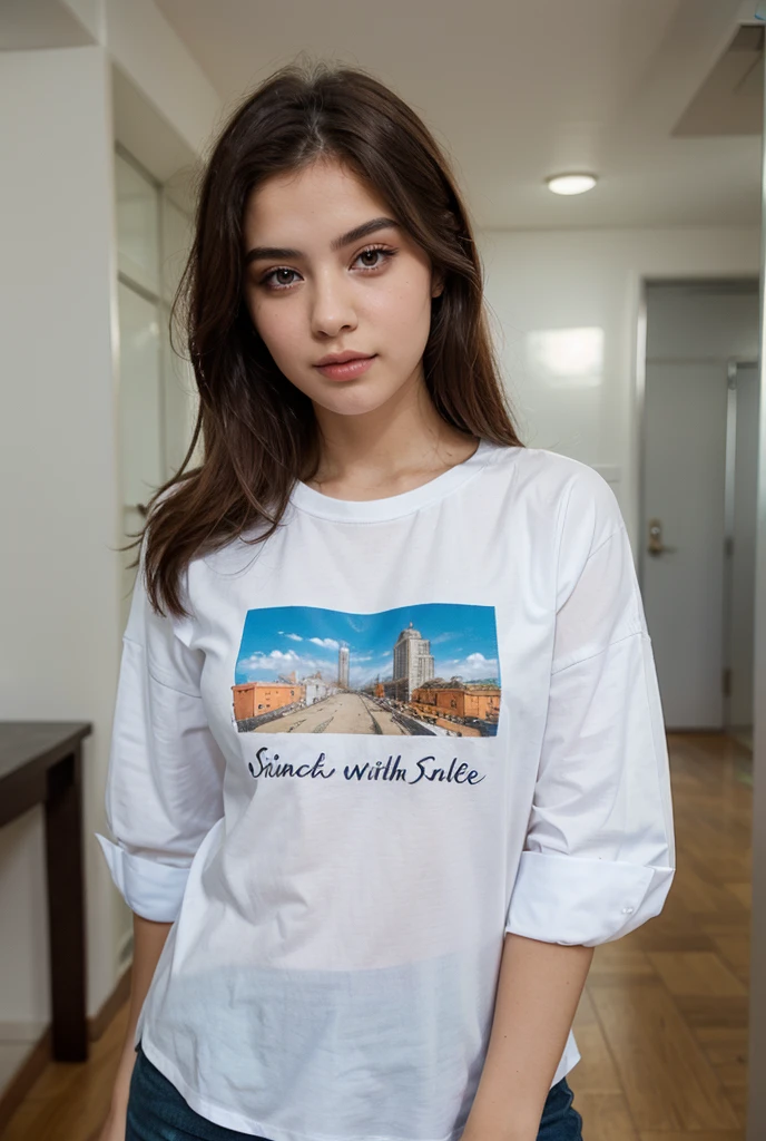 a close-up of a woman standing in a room with a white wall, 90s vibe, Vibe dos anos 90, estilo dos anos 90, estilo y2k, estilo y2k, estampa vintage anos 90, estampa vintage dos anos 90, graphic t-shirts, vestido com uma camiseta branca, estilo anos 8 0, 2 modelo feminino de 4 anos
