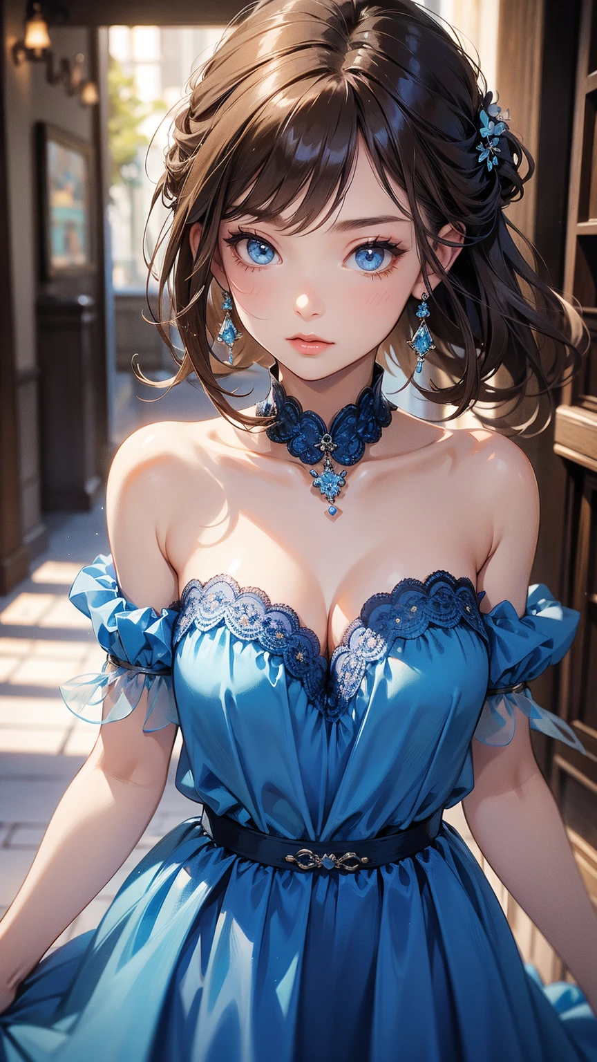 beautiful girl,Dark blue short hair(Inward Curling Bob) ,blue eyes,Blue Dress、White lace、((Big Breasts))、super close range、Blue Necklace、Blue earrings、hair ornaments、Emphasize the chest