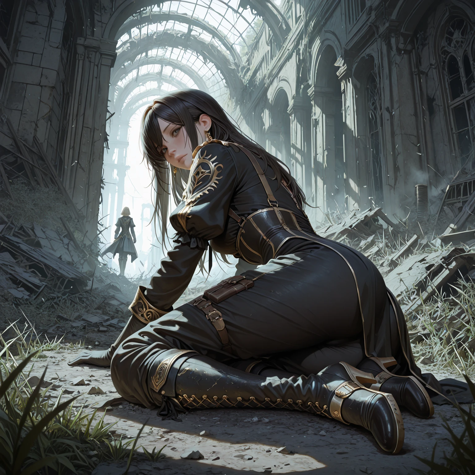 ((Medieval fantasy setting)). Tags: super detail, high details, high quality, best quality, highres, 4K, portret, detailed face, face fix, 1girl 
"Echo is a 22-year-old half-elf. She has light brown skin. Thick light chestnut hair with caramel highlights and soft waves. Brown eyes with green hues. Her beautiful face is oval with soft features and pronounced cheekbones. She has full and attractive lips with a natural blush. A slight scar over her right eyebrow. Her ears are small like a human's but pointed like an elf's. Her physique is athletic and slim, she toned and flexible. She has a round and elastic body shapes."
Clothing.
Vest: A dark brown leather vest with metal plates on the shoulders and chest. The vest has special straps to adjust the fit on the waist. Light and does not constrain movements, but protects well against blows and arrows.
Pants: Black leather pants with reinforced knees and hips. On the sides - inserts made of durable material that provide additional protection without losing flexibility. There are hidden pockets for throwing knives.
Gloves: Lightweight black leather gloves with metal inserts on the fingers and knuckles. Protects the hands, leaving the fingers flexible enough to manipulate the weapon.
Boots: Dark brown knee-high leather boots with soft fabric lining. There are metal inserts on the heels and toes, hidden daggers in the compartments on the inside.
Background: An ominous fog in a dark forest.