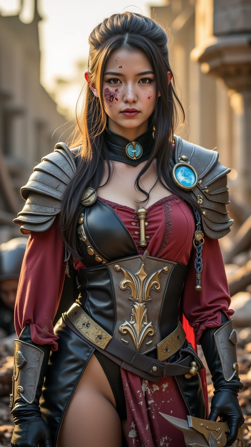 realistic, detailed, realistic details, intricate detail, cgi, masterpiece, best illustration,
break,
1girl, slender, tanned skin, blonde hair, small breast, cleavage, ((wet, sweating)), long hair, black hair, petite, female swordsman, urban samurai, breast plate, ((intricate pattern)), ((torn clothes)), blood, injury, princess, tiara, detailed skin complexion, seductive face, ((riding a horse)), looking at viewer,
break,
(((detailed background, dark fantasy, raining, medieval battlefield, armies clashing, chaotic, fire, dark, dust, particle effect, , projectile, volumetric fog))),
break,
cowboy shot, perspective, rule of third, depth and dimension, depth of field, proportion, light and shadow contrast,
break,
<lora:IG_Imazhai:0.35>