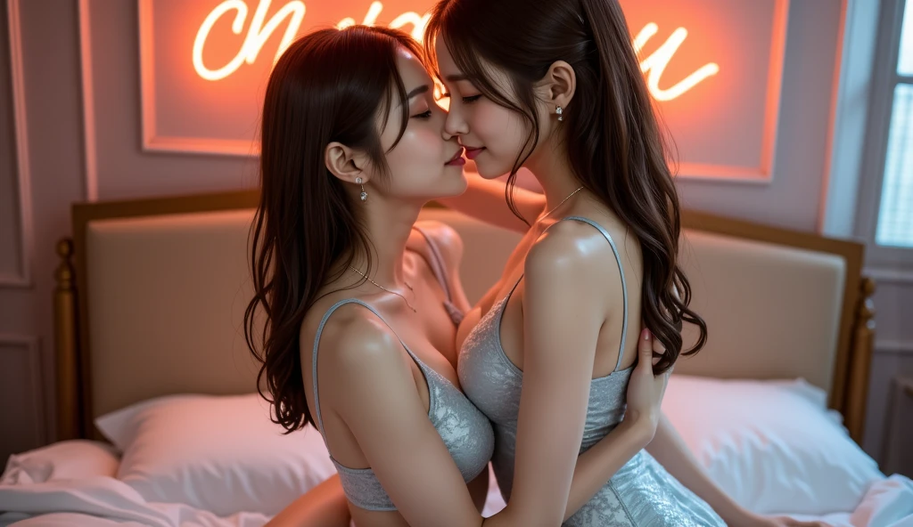 Three 20-year-old women lie in bed，Kiss each other，stroking each other，The house was full of big asses (mini skirt swinging sexy round: 1.3), (white plunging open shirt: 1.3),a variety of poses.  Chest without bra, large thighs without pants, No underwear, She's wet, everything is wet,  No pants, No bra,