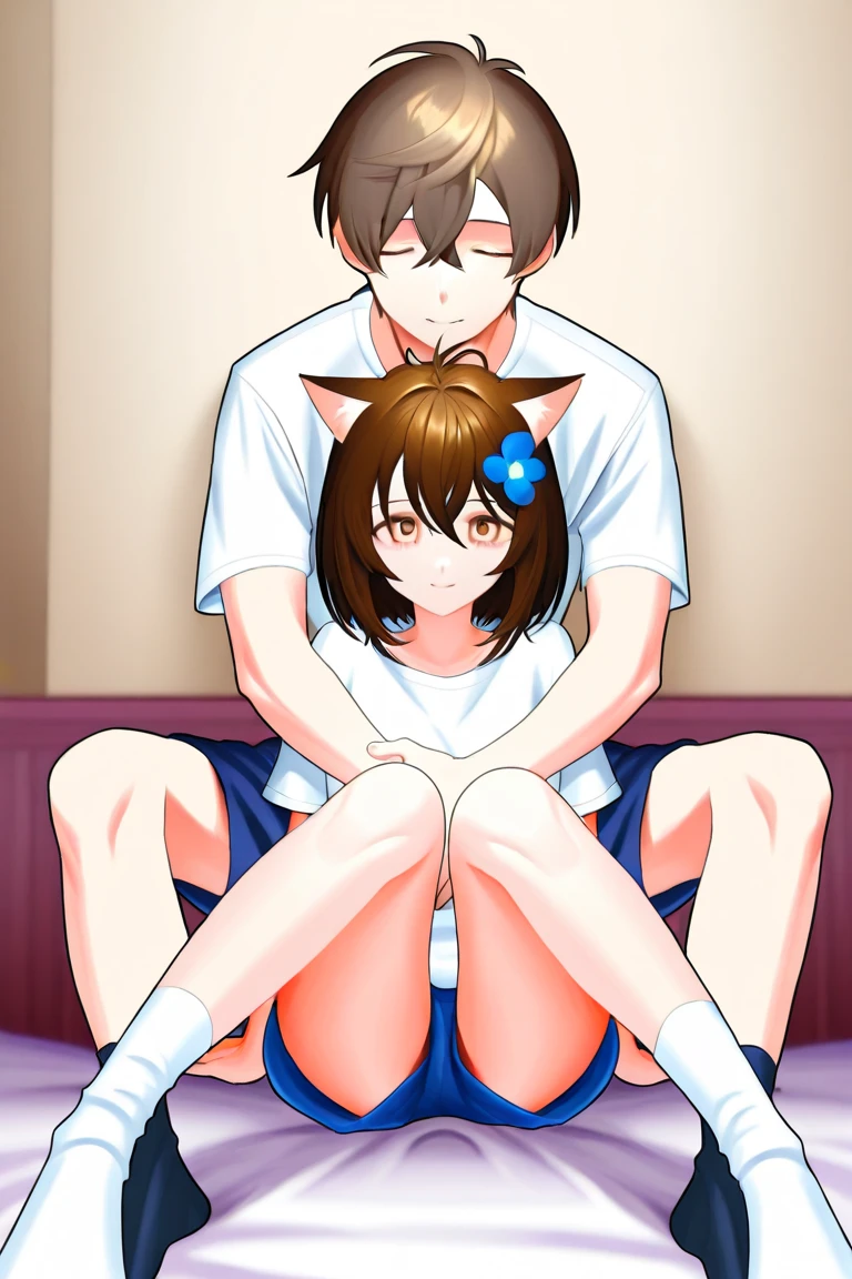 1male, 1girl,face to face,{{{{man suck her nipple, man lick her breast}}}},1boy,black hair,dark skinned,middle aged man,1girl,Nude,Red eyes,Long twin tails,Brown Hair,Eyebrows visible through hair,Flat Chest,