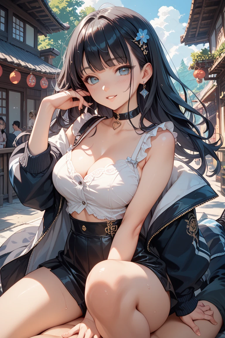 A highly detailed illustration in a dark fantasy style, capturing the woman's captivating presence and the mystical aura surrounding her. The moon will be depicted as a prominent element, casting its soft light upon the scene. The sorceress's attire and accessories will showcase intricate details and symbolic motifs,fishnet legwear, shorts, traditional clothes, lake, necklace, choker, hair ornament, ring, from above.