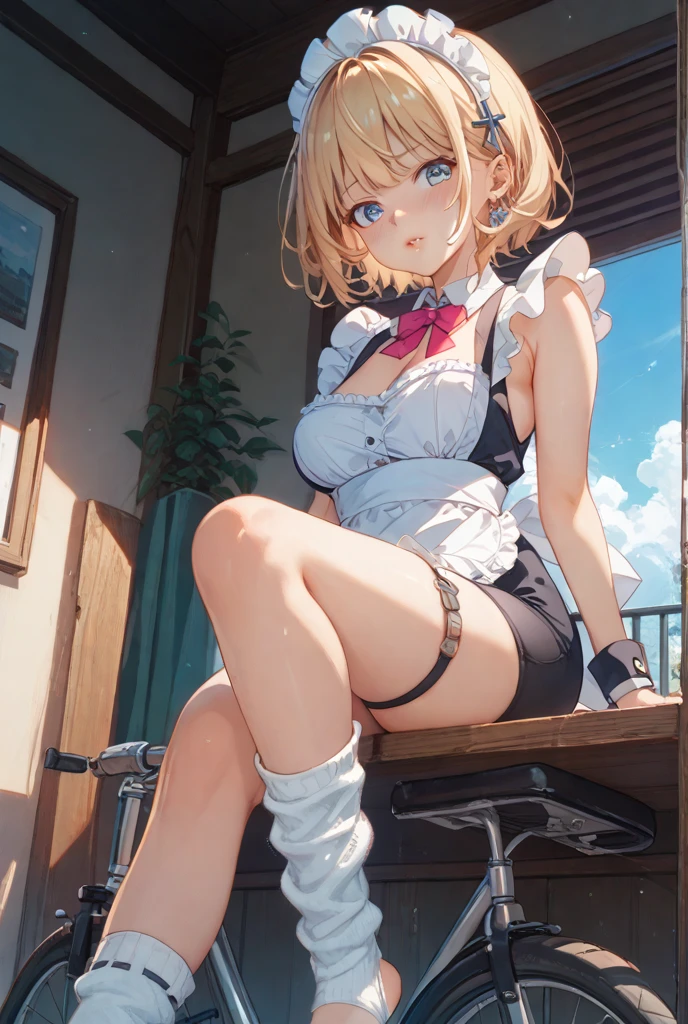 1girl, solo, blonde hair, green eyes, fringe, Cleopatra hair, sexy smile, in tech room, sitting on ground puppies on floor, bucket in front of her legs, underwear only, black lace-trimed bra, black lace-trimed panties, sit on seat spread legs, sneakers, bucket between her pantie
