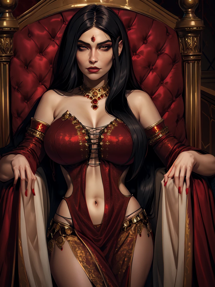 Extremely beautiful woman gold cobertra sitting on golden throne red eyes gothic style --auto --s2