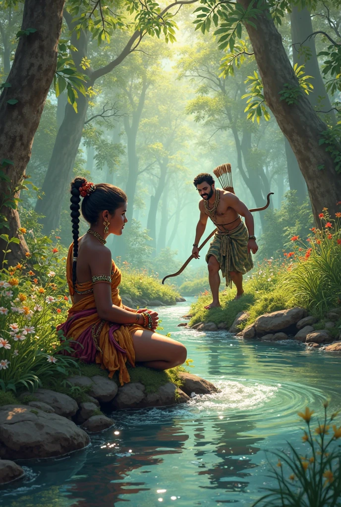 Panorama of the image of 3 people including a black-skinned man, short-hair, with a crown of herbs on her head, supported only on one leg, in one hand he carries a small 7-pointed tribal spear, at the waist several gourds hung like a belt, smoking a sacred ritual pipe, dressed only in leaves and herbs, that involves the waist and chest, calm demeanor, pure and distracted, looking at the trees, a beautiful bird accompanies him like a faithful friend, Ele está localizado em uma flowersta virgem, richly adorned with many species of plants, Trees, climbing vines, flowers, all with great healing power, a great atmosphere of joy and protection is in the air, a stream in the distance. Ao lado de a beautiful woman de pele negra, long  hair, pink flowing clothes, Pure appearance, innocent, no meio da flowersta  virgem, Ao anoitecer, under a pleasant and harmonious mist, with a big snake, Yellow, beautiful and carefree walking nearby, near a beautiful river source. Both watching and blessing a third person, a beautiful woman, with a bit of masculine physiognomy, Hispanic appearance, pele caucasiana, 4 anos, slim, taurine, almost no breasts, wearing a light-colored religious turban, with light and clear clothes, wearing a religious necklace with pink dots, and another necklace with green and white dots, on his knees, with a look of respect and adoration, acende uma vela branca ao lado de um simples buquê de flowers brancas e algumas frutas doces e lindas, on the edge of a river source, cercada por flowersta, beautiful and peaceful, in a beautiful sunset, with the reddish and yellow sky, with a beautiful and cozy mist.