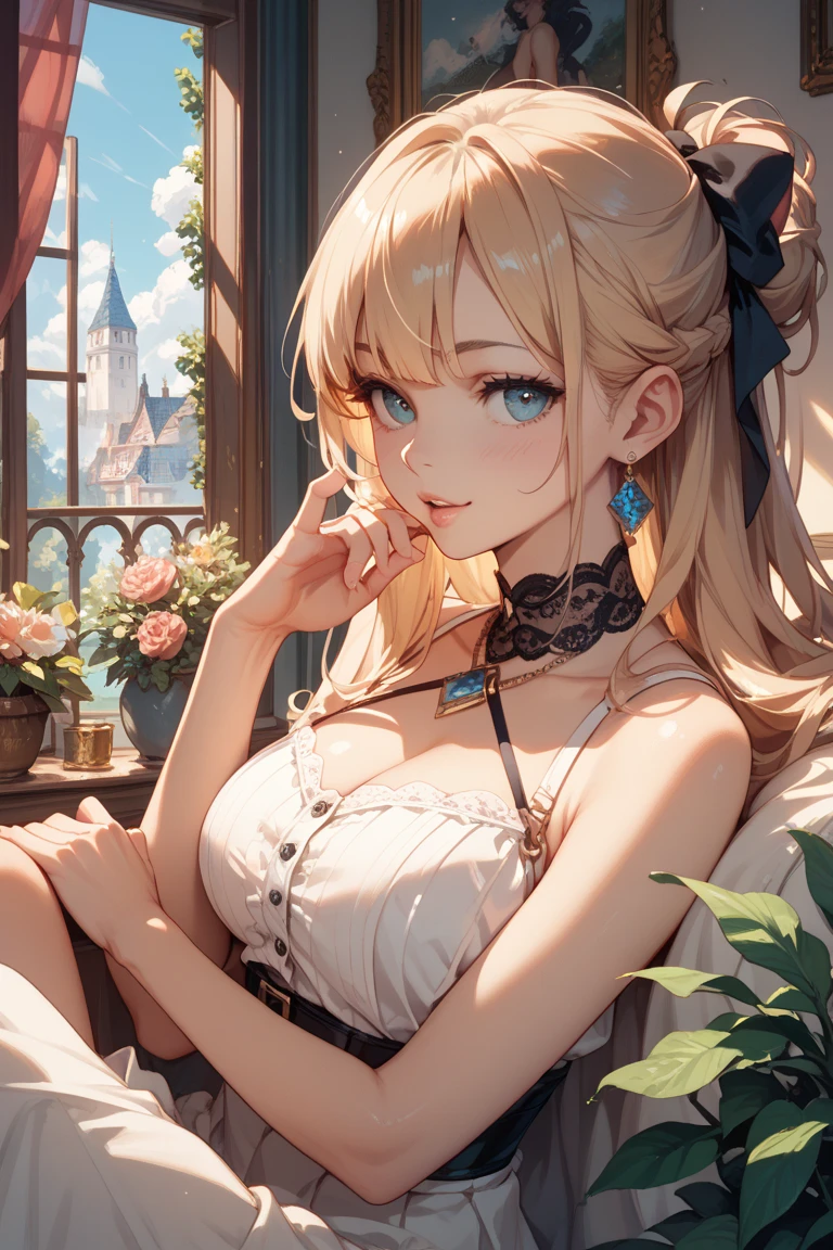 (masterpiece: 1.2, best quality), Practical, (Practical Picture, Intricate details, Depth of Field), best quality, masterpiece, Very detailed, Semi Practical, 1 girl, Mature female, 21 years old, blond, Shoulder-length hair, Left eye covered by hair, blue eyes, King&#39;s Clothes, Red cape, Slim body, A crown made of precious gold, Read the documentation, Tag the file, quill, desk, Soft stool, palace, 在palace殿里, In the Middle Ages