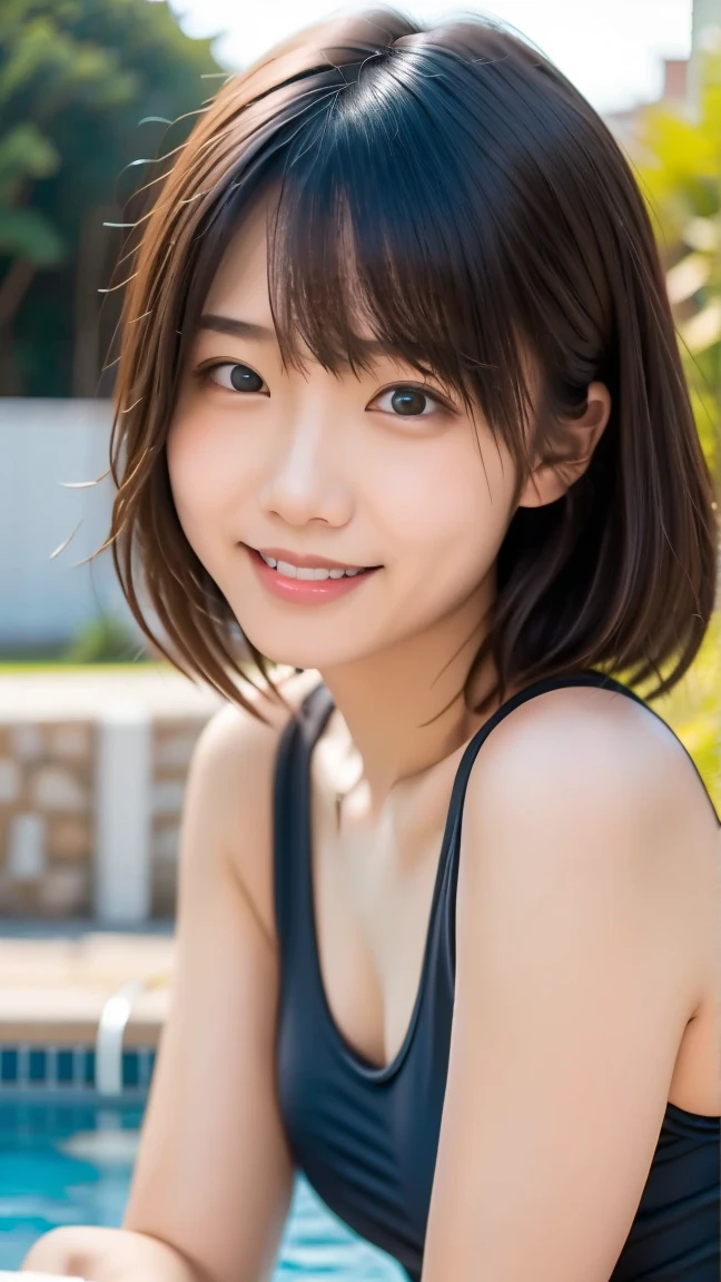 Highest quality、超A high resolution、(Photorealistic:1.5)、1 girl、(Brown Hair:1.2)、(Big Breasts:1.2)、camp site、In nature、Whole Body Ezbian、Smile、White bikini swimsuit、Wearing a pink hoodie jacket、Bad Eyes、Wet Skin、Shooting from various angles、, (Fascinating),