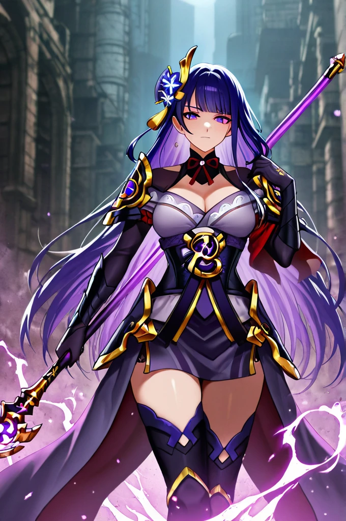 masterpiece, best quality, ultra-detailed, morgan, harrieroutfit, smiling, solo, 8k resolution, gorgeous, hourglass figure, close-up, absurdres, cowboy shot, hazel eyes, happy, 2legs, thick thighs, wide hips, huge breasts, electricity covering body, lightning, surrounded by electricity, powering up