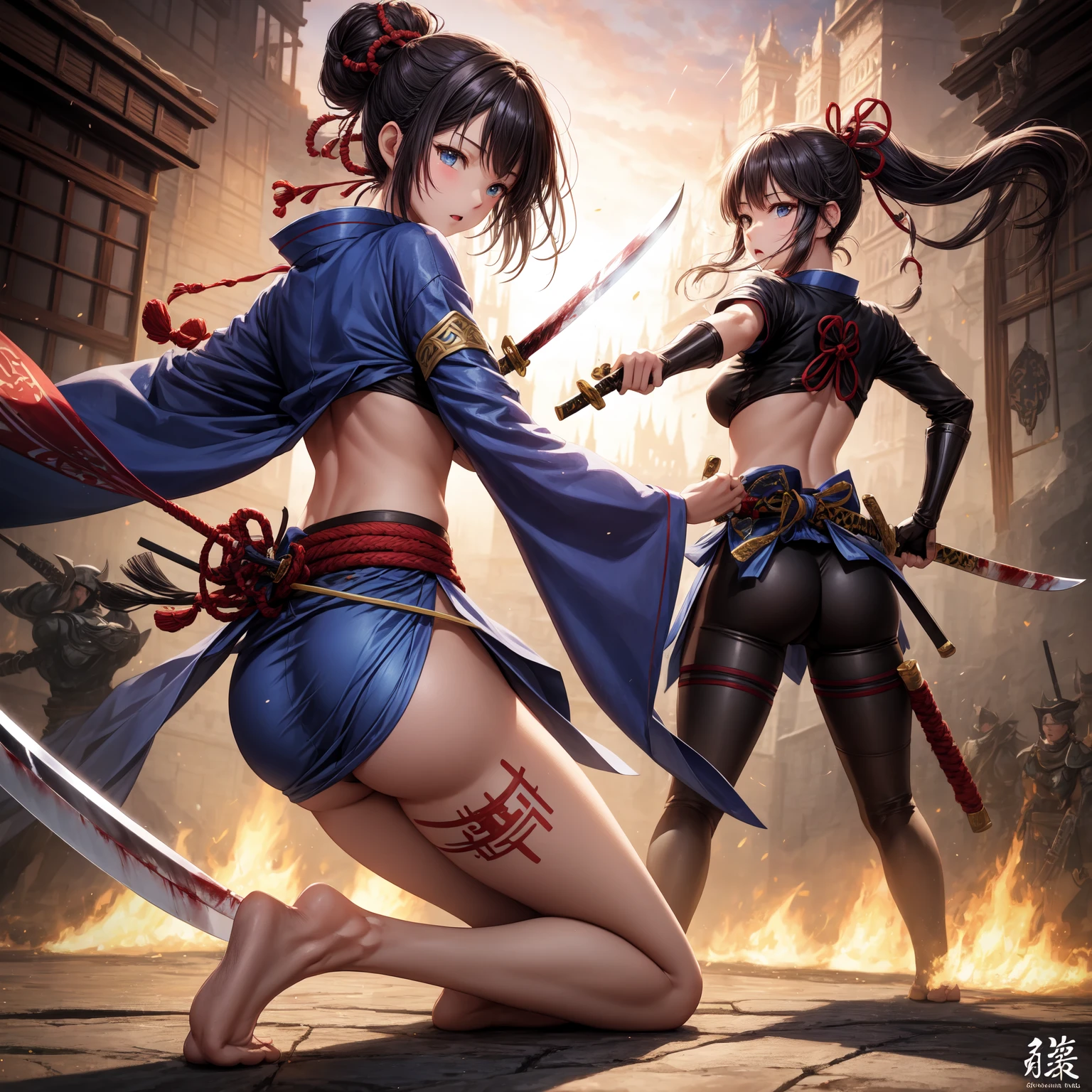 Full body shot of character from Dead or Alive game. Kasumi versus Ayane, same size, engaged in a fierce duel with short swords, showcasing their impressive swordplay and deadly precision. Their long loose hairstyles flow behind them as they battle in a stunning and lush forest setting. Both warriors are dressed in sleeveless kimonos and skirt, adorned with an obi tied to back hip, and accessorized with black thin elbow gloves, 100% black thigh high socks, and small black boots.