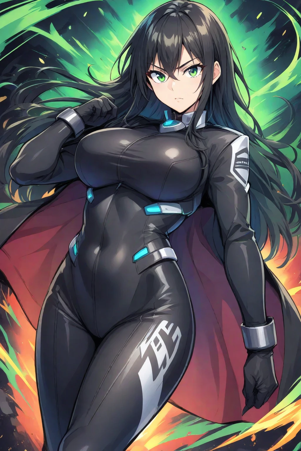 Black hair, green eyes, voluptuous, sci-fi bodysuit, empty black background,