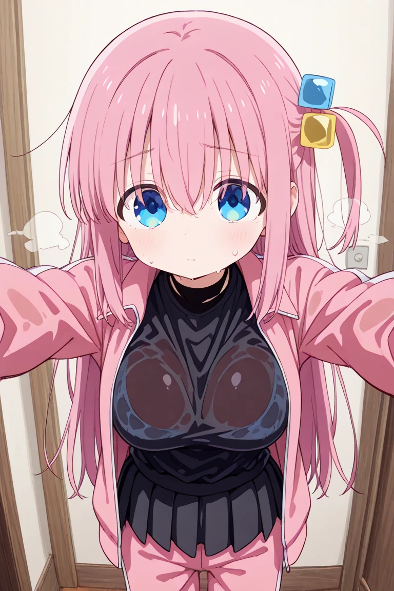 masterpiece,highest quality,(Super detailed),written boundary depth,perfect sentence, Detailed CG,Super detailed,(highly detailed eyes,very cute face,highly detailed face:1.3),beautiful anime girl,(solo girl:1.9),(super huge breasts:1.7),(pink hair,low twin tails:1.5),(light blue eyes:1.3),(smile full of joy),open your mouth,show viewer,break,(Black high-neck sweater:1.5),off shoulder,side boob,hot pants,knee high socks,zettai ryouiki,Snow is falling outside the window,night,dark room,break,Are standing,(my back is turned,look at the viewer:1.2),dynamic pose,(full body:1.2)