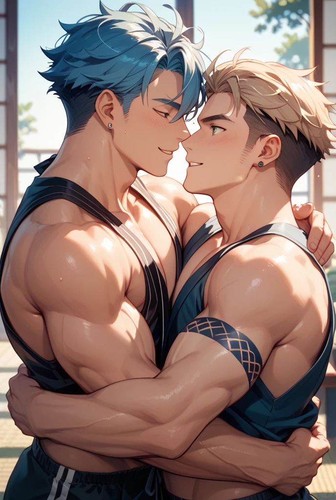 best quality, masterpiece, 2 boys, male kpop idol with purple ombre hair and nipple piercings, he is kissing a man with blond hair, drooling, muscular, rockband attire, bulge, visible penis line, exposed chest, on colourful led stage, aggressively groping, rough molestation, rave concert, crowd happily cheering them on, sexy, gay, homoerotic, ambient lighting, extremely dramatic shadows, front view, perfection, no watermark, no logo, no signature