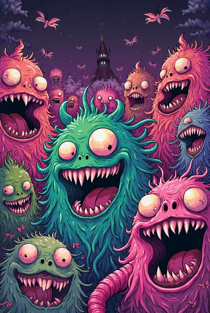 cute monsters,colorful,digital art,fantasy,magic,ultra detailed,professional illustration,chalk,poster artwork by Basil Gogos,clean DonMC3l3st14l3xpl0r3rsXL
