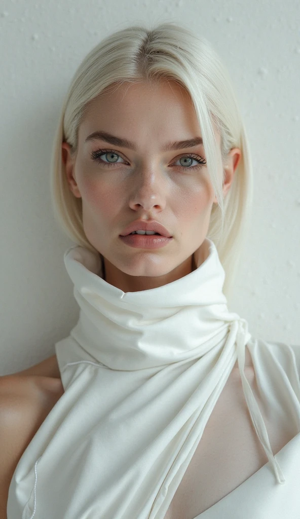 woman android, <lora:GITSSashaLussLora:0.7>,(((photographic, photo, photogenic))),woman with white hair and blue eyes, (detailed face, nose), wearing ((Leggings)) and ((Bodysuit)) (f1.8 short focus bokeh), focus on eyes, studio white background ,