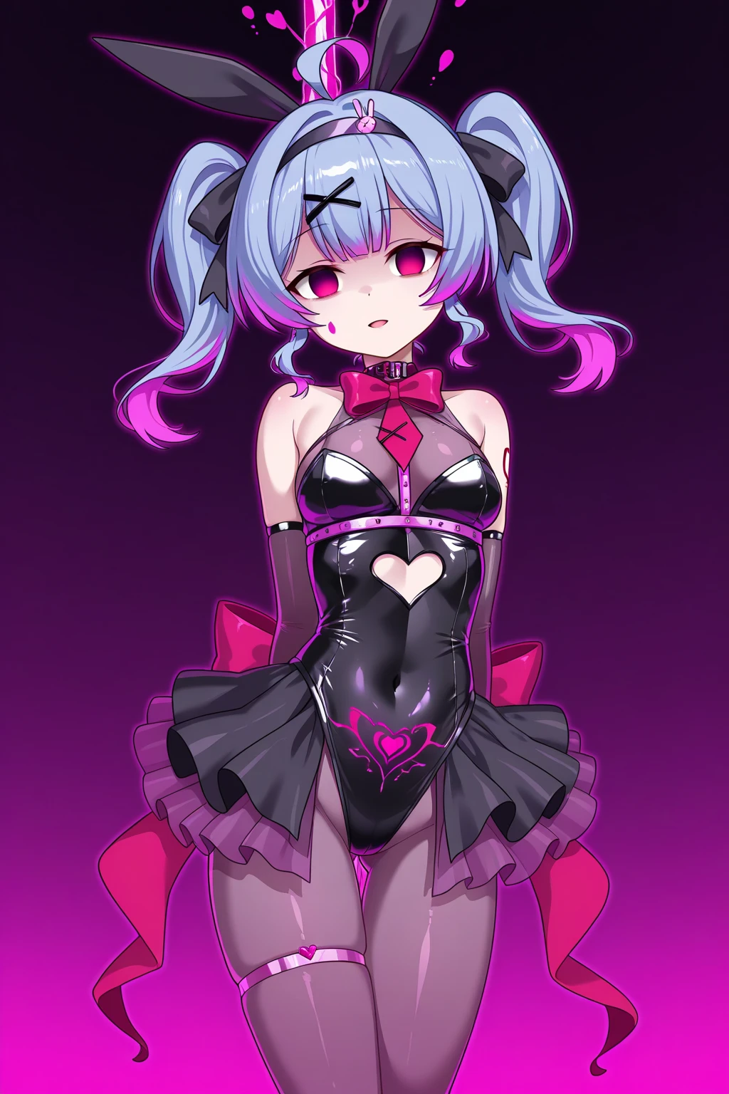 Young Girl, Girl 1, Silver Hair, Short Hair, Twin Tails, Pink Eyes, Deep Pink Eyes, Devil tail, Grey Devil tail, Grey swimsuit, One piece swimsuit, Laying down on bed, light pink theme to bedroom, Grey leather, Thigh highs, leather straps, SFW