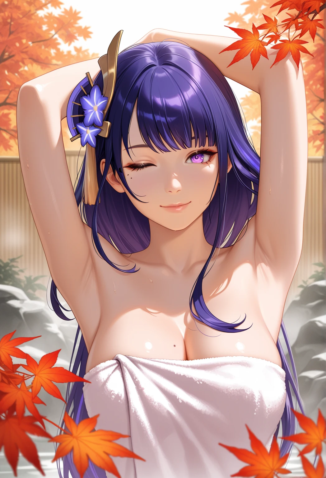 ​masterpiece、top-quality, 1girl in, Solo, Purple medium hair, Hieda's Me,I'm Hiedano , Japanese-style room background,red blush、Colossal tits、fullnude、Smiling、laying on back、enchanting posture