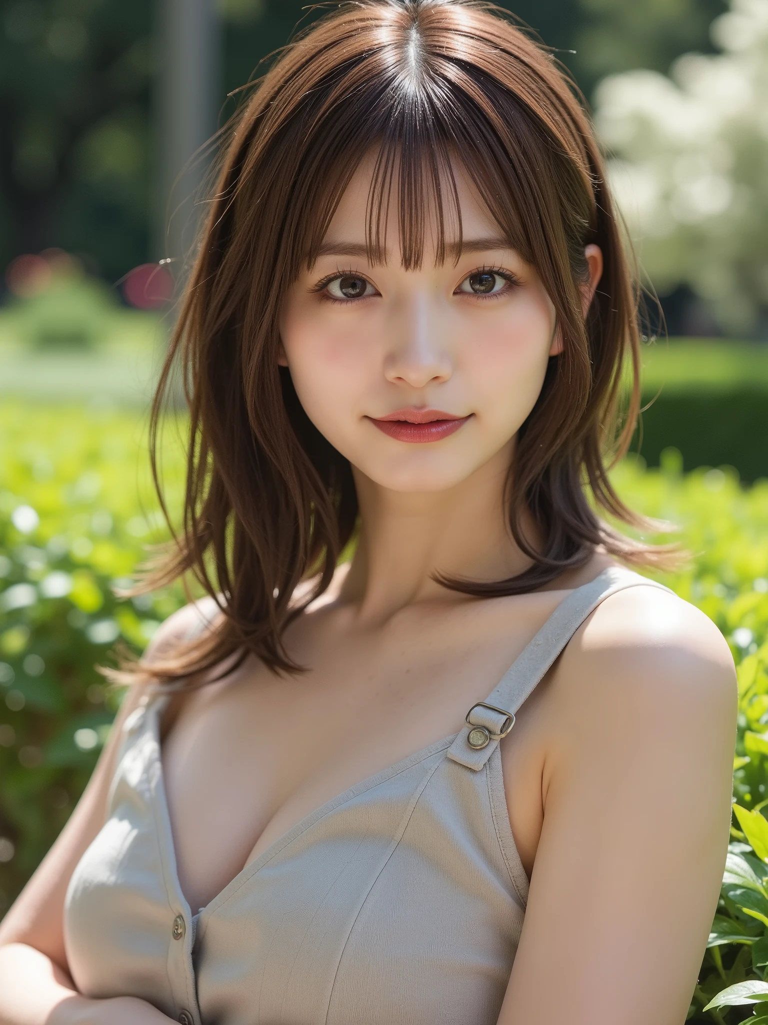 Browsing Caution，highest quality，masterpiece，8k，Age 35，Married women，((((Droopy eyes)))) ，Captivating smile ，Big breasts and slim figure，Ponytail with bangs，Gloss Lip，Playing with children in the park