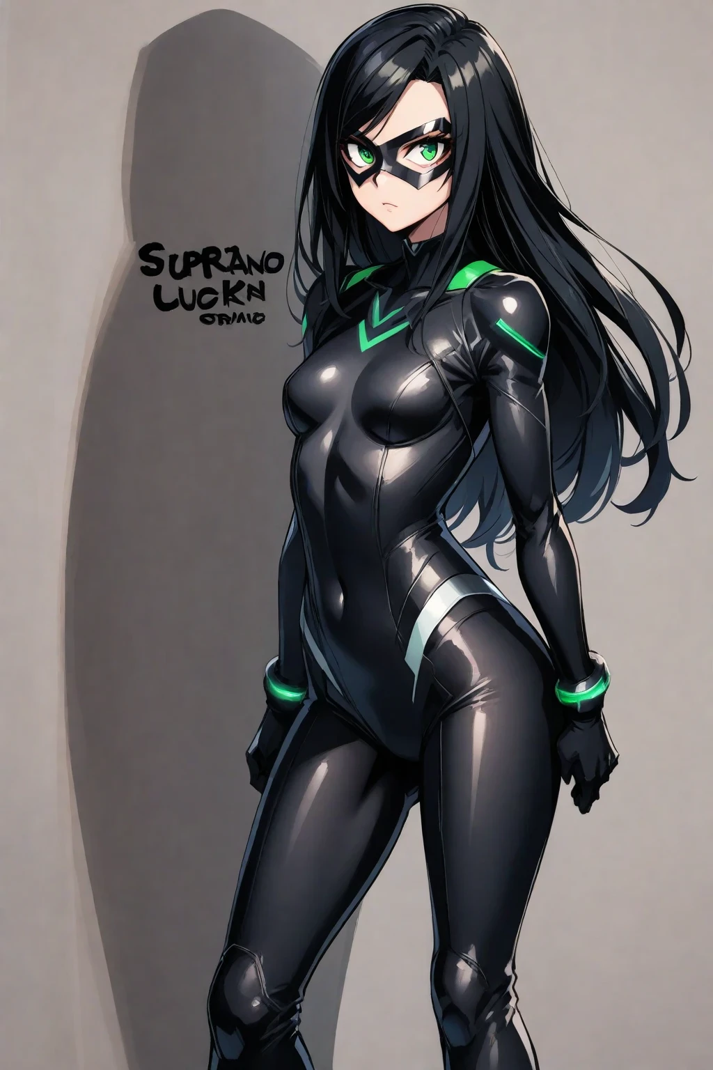"Two-dimensional painting, girl, black hair, long flowing hair, green deep eyes, gentle smile, wearing black full-body tights supplemented by the main green, Evangelion, sister Fan, beautiful picture, best shadow, best picture quality, best light, rich detail, high resolution, masterpiece."