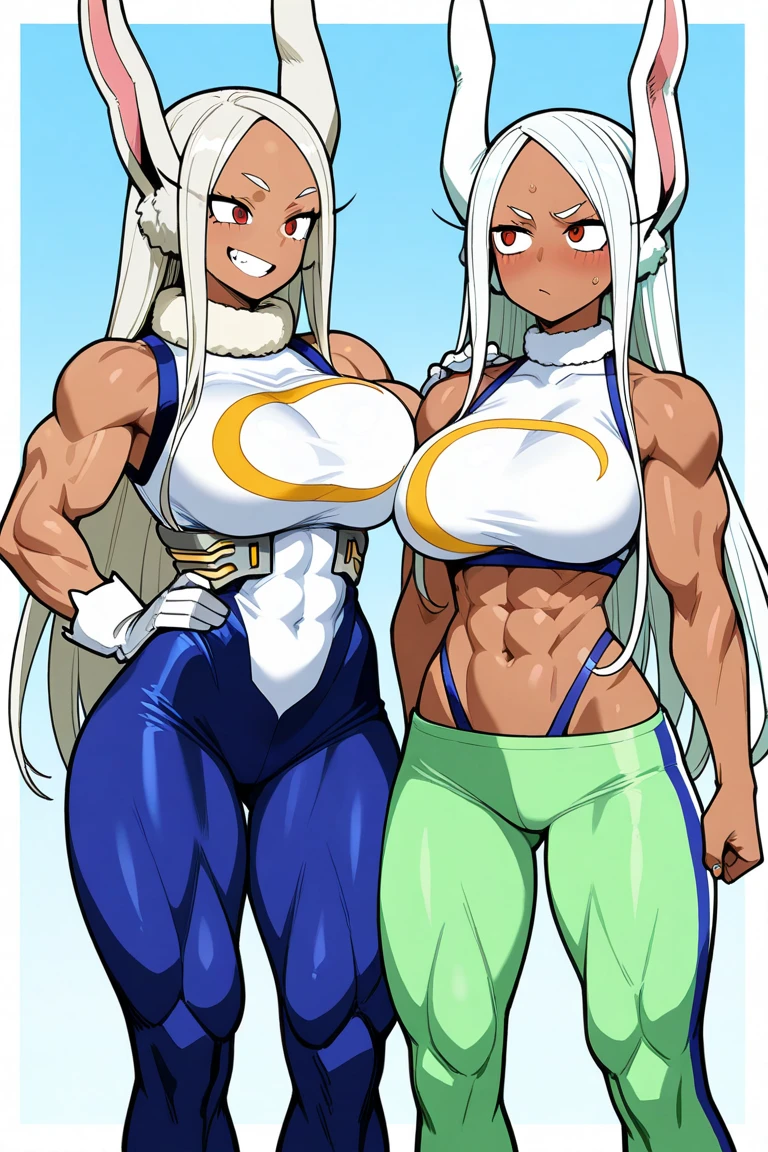 a girl, Saiyan, spiky white hair, green eyes, ripped muscles, thin waist, wide hips, dark skin color, medium breasts, no clothes, nudes, pussy, bobs,futanari, big dick,