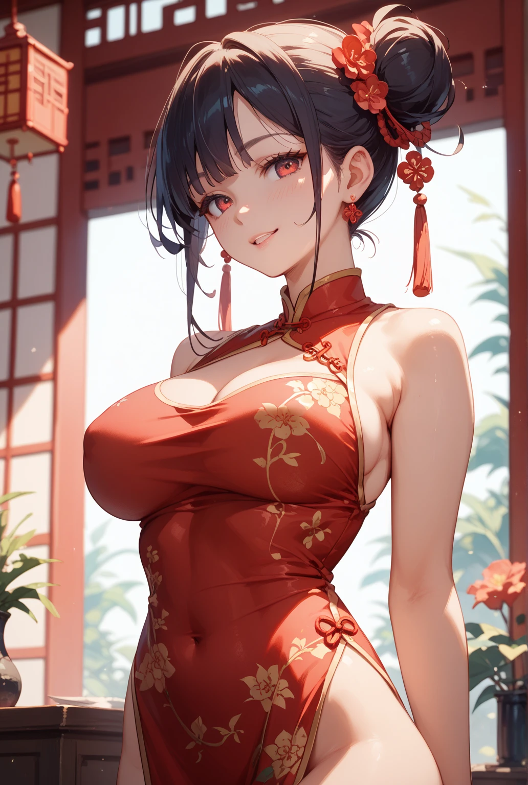 NSFW Cute Adult Female Cheongsam Chinatown Brown Hair Clothes Big Boobs Showing a lot of skin Blushing