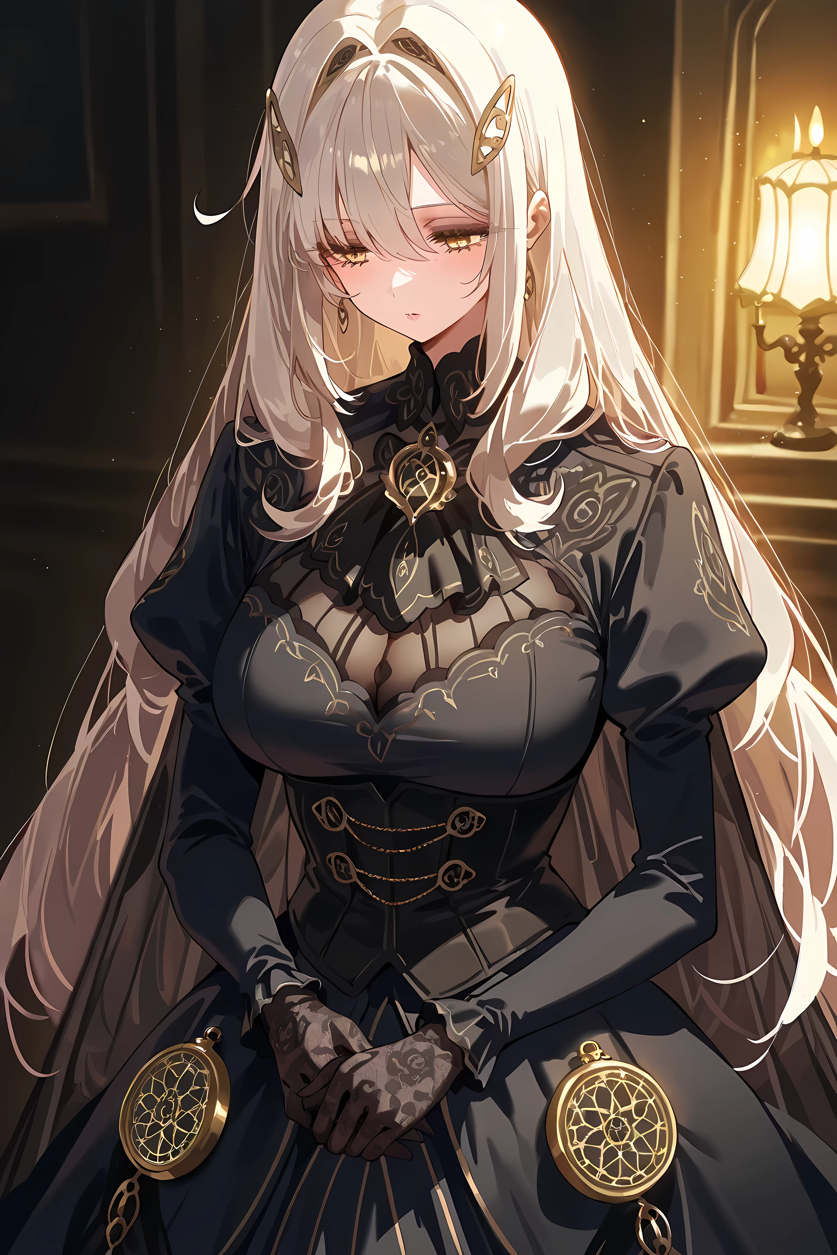 score_9, score_8_up, score_7_up, masterpiece, best quality, very aesthetic, absurdres, tunning image, attractive image, 1girl, adult grown woman, solo, RonovaGI, 1girl, solo, curvy body, pale skin, white hair, long hair, hair clips, bangs, thick hair, golden eyes, flower-shaped pupils, pink lips, hair ornament, large breast, masterpiece,best quality,amazing quality, ero404, 5 fingers, alternate costume, Doomsday aristocrat outfit, tattered victorian dress, black velvet mixed with rusted silver, long dramatic silhouette, corset embroidered with cracked clock design, transparent ripped cape flowing like mist, vintage lace gloves, gothic jewelry with small skull brooch, pale makeup with sharp dark eyes, hair styled high like a crown, apocalyptic palace ruins in the background, radioactive fog, a perfect blend of decaying luxury and end-time elegance.