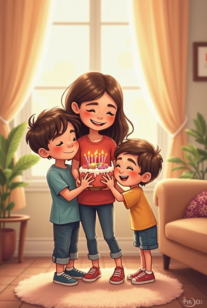 The women waring a red dress with full sleeve hand dress with covered nack and she's holding a flower bouquet and another hand shes cut the chocolate cake she's big brother also there he's waring a ( pink t shirt and black Shorts) he's taller then she happy face and big smile background like a living room and she's family also there sister mom big brother, and nind years old brother Hair Between Eyes, Ponytail, Smile,