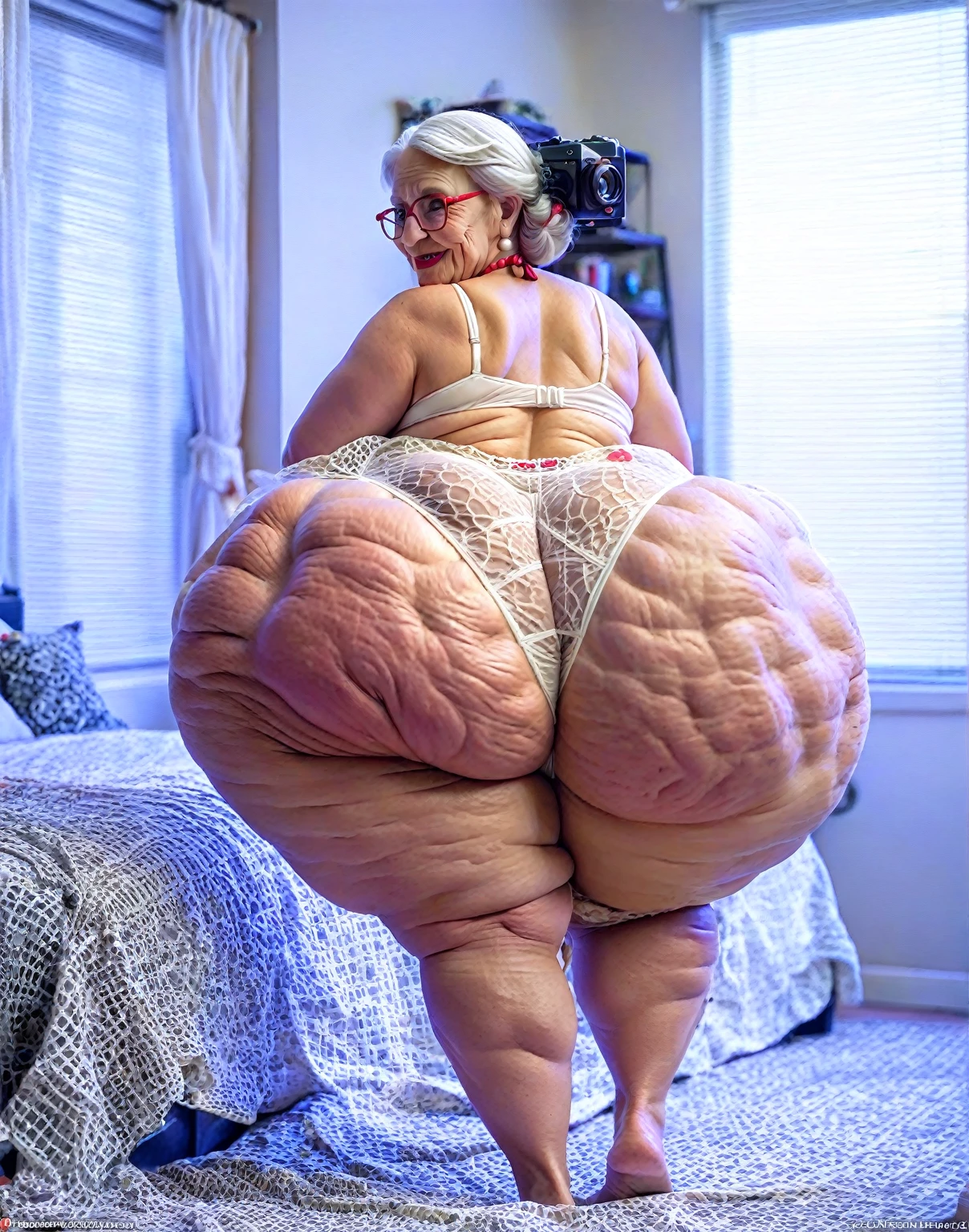 Beautiful seventy year old lady wearing short denim shorts