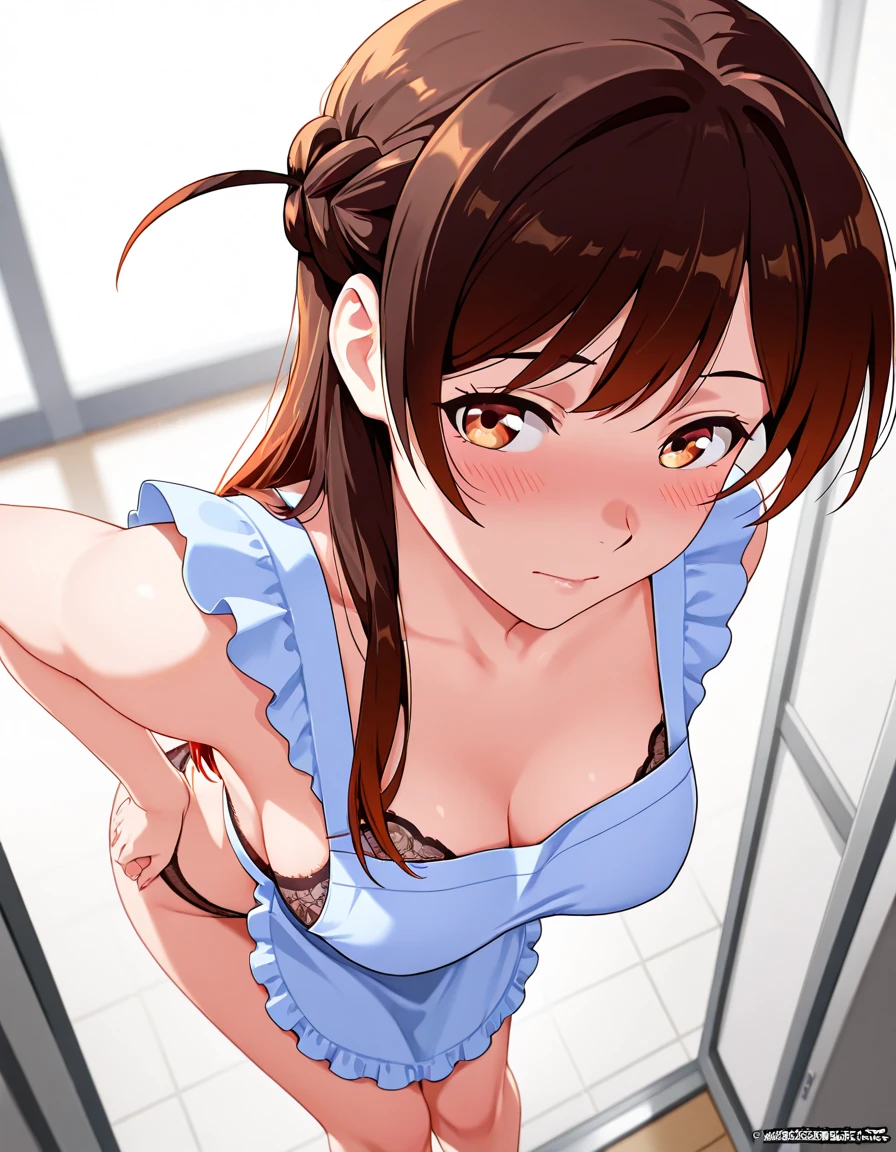 1 female, Whole body image、mature woman, Brown eyes, Glowing Skin、Long brown hair, I'm wearing a white sweater, Big Breasts, mature, Center View, High resolution, Ultra Sharp, 8k, masterpiece、convenience store、shopping、sweating、Grin、(((Shot in the back、look back)))、Hunchback、((Buttをアピール))、Butt、Buttを突き出す、Blue Skirt、Pink panties digging into her ass、Squat、Get on all fours、Hands near the buttocks、Spread your asen with erections around