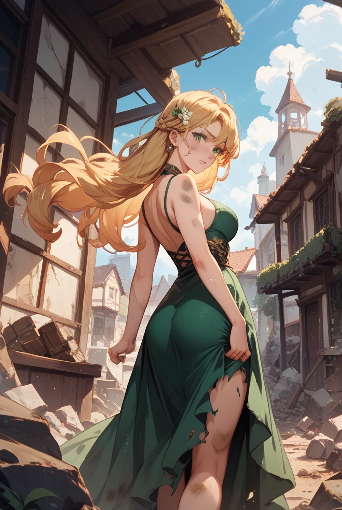 Ridiculous resolution, high resolution, (masterpiece:1.4), Hyper-detailing, 1 young woman, elf, perfect face, blonde long hair, smiling, teal green dress, deep blue pupils, red rose crown, bright fiery phoenix wings, medium boobs and butt, facing camera, on a cliff