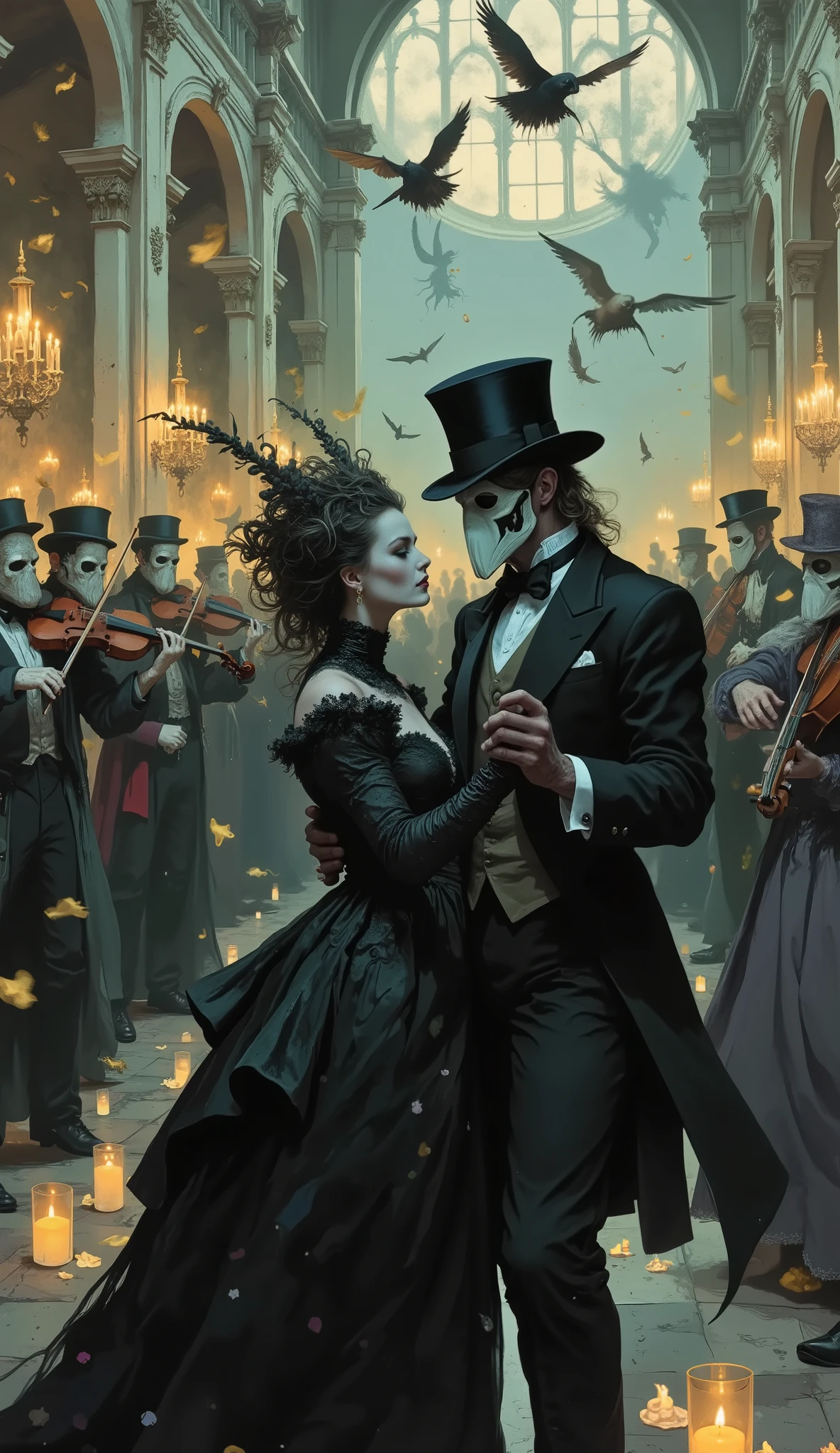 A macabre masquerade ball, aristocrats in elaborate plague doctor masks waltzing amidst floating candles, while ghostly violins play a requiem