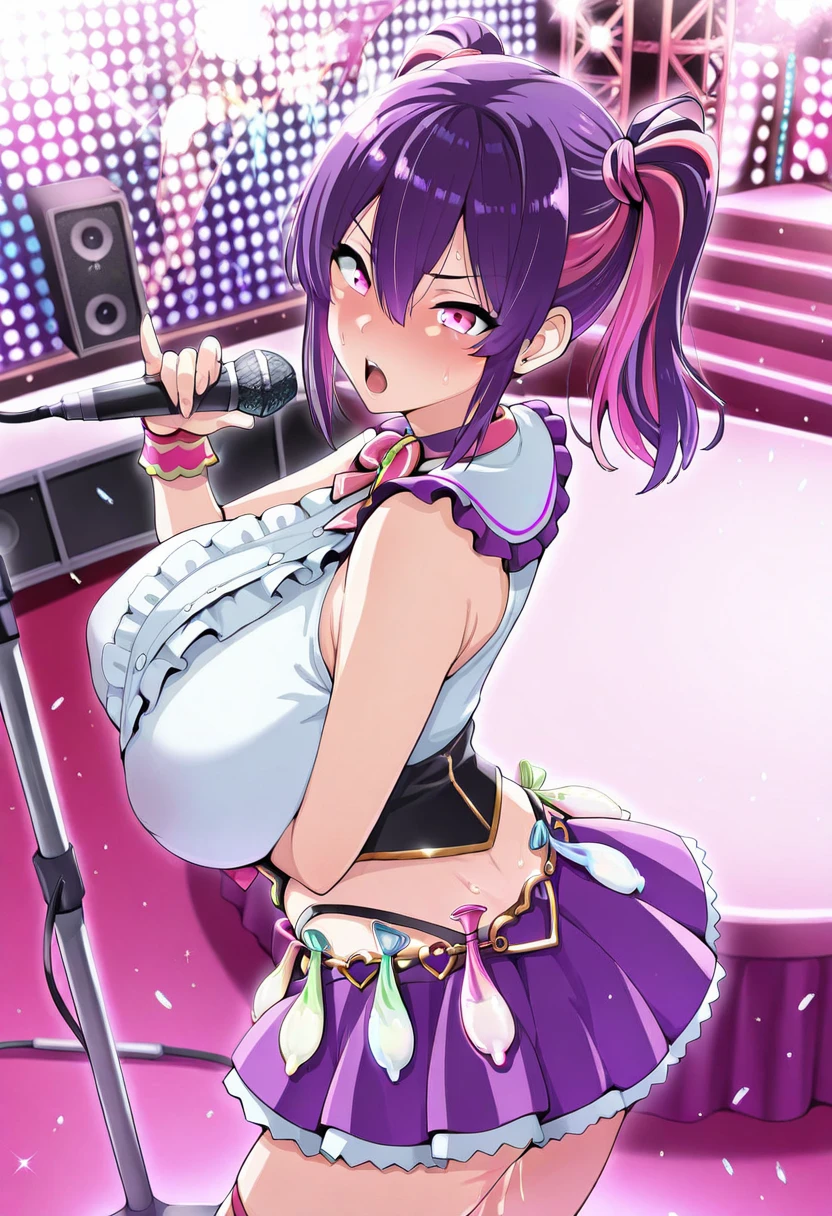 girl, full body, cowboy shot, (Rembrandt), illustration, (masterpiece), (best quality), (ultra_detailed), finely detail, (Depth of field), HshinoAi, idol, gloves, tongue out, tongue, long hair, star \(symbol\), looking at viewer, (purple hair:1.2), purple eyes, upper body, hair ornament, :p, idol, symbol-shaped pupils, hands up,hands in the air, jumping, cheerleader, cheerleader outfit, mini skirt, exposed midriff, underboob, bouncing breasts, collar,blushing,sweating, (breathing hard), (panting), anime, farm, smile, huge ass, huge breasts, huge thighs, narrow waist, wide hips, thick thighs, curvy, bangs, one side up, star-shaped pupils, on stage,