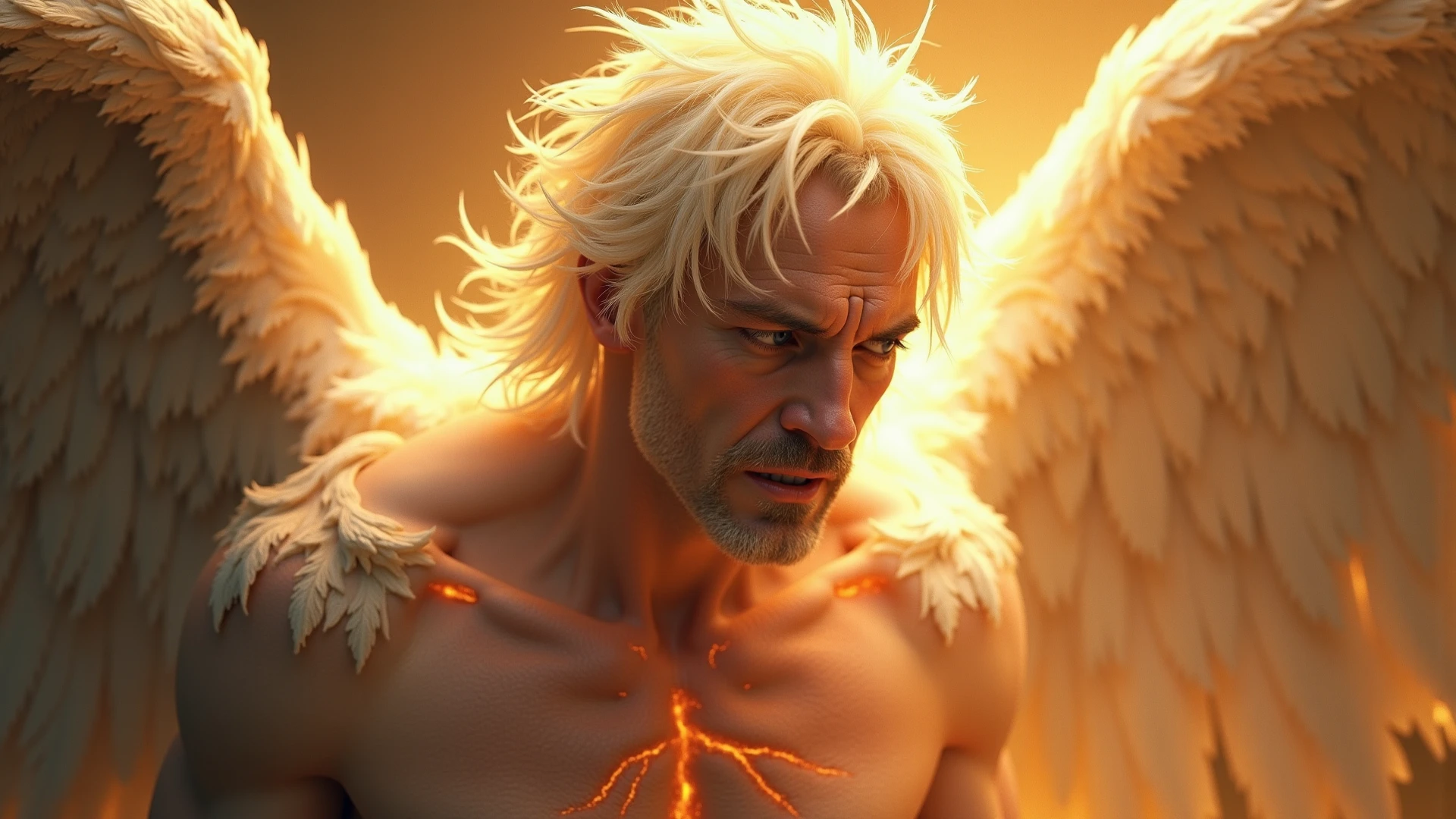 man who is 20 years old, White race, Masculine traits, The most handsome man, long hair with silver streaks hunter blue eyes, angel beauty, angel, hot body and good physique, sexy, passionate