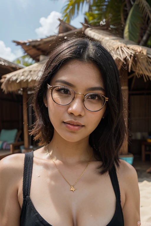 A beautiful teenage girl of Chinese descent has medium-length brown hair and a fair complexion. She has a gentle smile, soft eyes, and her face appears slightly rounded. 
She has a high forehead.
Her eyebrows are dark and slightly arched.
She has almond-shaped eyes.
Her nose is small to medium-sized.
She has a slight smile on her face. She is wearing black-rimmed eyeglasses. She is at a beach, wearing a black one piece swimsuit. Her overall look is casual and approachable., cinematic, photo