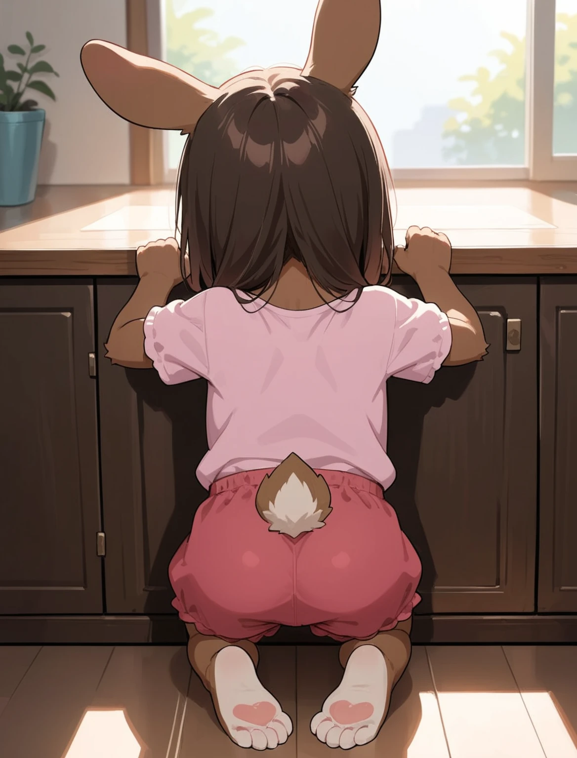 tennis girl's massive rear butt cheeks out of bottomless slutty mini sweater out bare and brown boots, showing her butt, lying down, on bed, wearing oven mittens under big pillow, blindfold