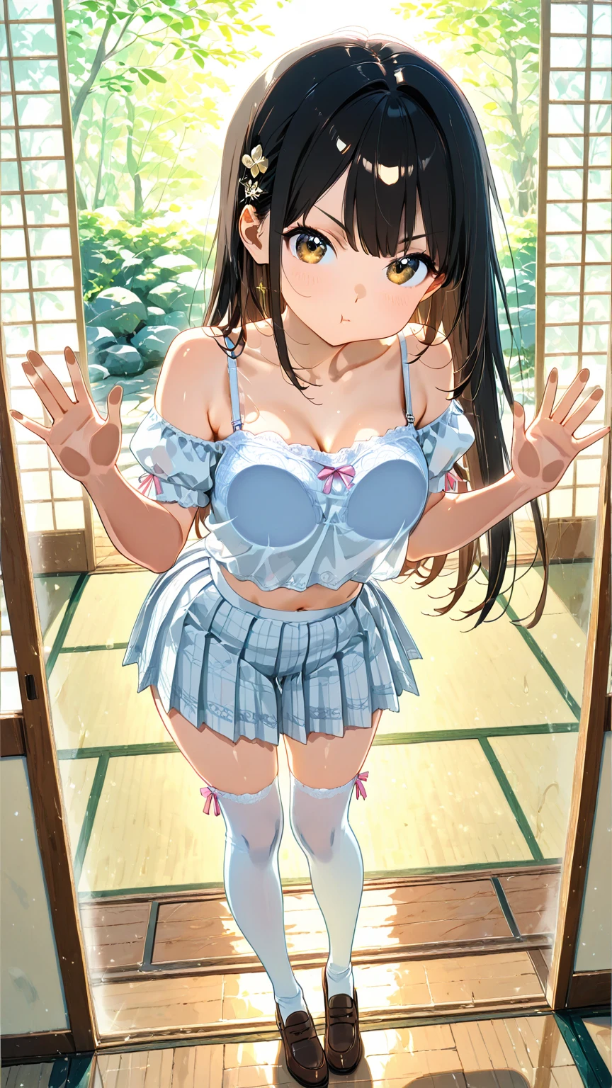 (masterpiece, best quality),
1girl, sitting, (hugging own knees:1.2), looking at viewer, head tilt, lower body, focus,
break girl, camisole,(sideboob:1.2),white skirt, lift skart,(blue and white striped panties1.3), cameltoe, brown hair, twintails, grey eyes, grin, blush, bare shin
break background myroom, couch,(show off panties:1.3),(low view:1.3)