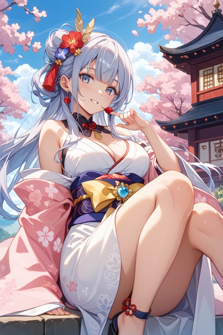 (8K, Highest Quality, Masterpiece:1.3)), Ultra HD, (1 girl, 1 person), (Color changing eyes, Ultra detailed, Expressive glow, Sparkling eyes), Highly detailed eyes, Highly detailed face, Random hair, (Silver gray color), Revealing, Split seat, Historical kimono, Lace, Brocade, Gold, Purple, Angle from below, (Cute panties:1.3), (Ecstatic expression:1.4), White skin, Seductive, Cleavage, Wet panties, Garden