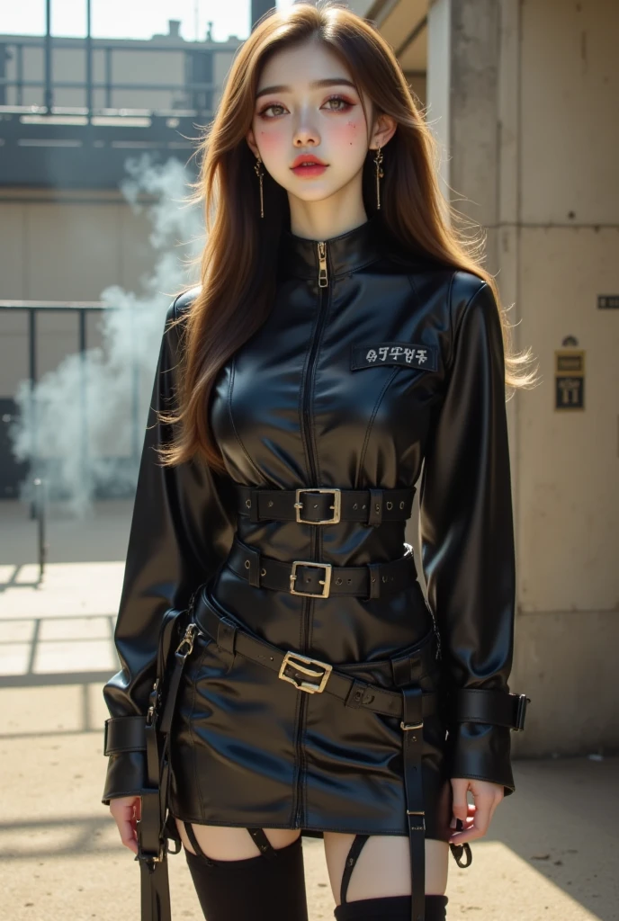 A beautiful woman. Black hair. Beautiful double eyes. The bridge of my nose. Well-shaped lips. Twenty-five years old. She is looking at the camera with a defiant expression. She wears a black metallic battle uniform that covers her entire body. On his waist is something reminiscent of Kamen Rider's transformation belt. She is sitting in a luxurious leather chair on a space battleship. Outer space can be seen outside the spaceship window.