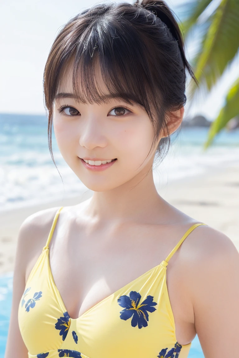 Highest quality、8k wallpaper、Reality:1.4、Photographed in natural light、View your viewers、background:Tropical Beach、1 beautiful girl、Japanese Idol、30 years old、Beautifully detailed eyes、Detailed face、Beautiful Skin、Slender、Slim waist、Long, slender legs、Lip balm、Blonde: 1.8、The sunlight hits her hair and it shines golden、Bun Hair:1.6、Asymmetrical bangs、Brightly colored bikini 、smile:1.8、I can see your chest、With big earrings、Big flower in hair、Seductive pose