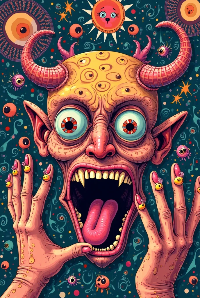 gothic and Van gogh art close up of a dangerous monster with horns, grim scene <lora:Doodle_XL_V1:1> colorful doodle