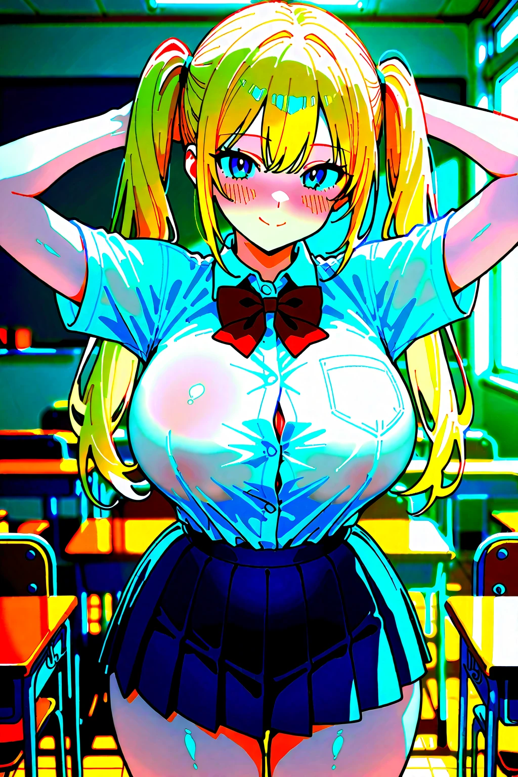 High resolution, Very detailed, perfect lighting, beautiful detailed eyes, ((masterpiece,Best Quality)), absurdities, alone, princess zelda, by the width, crown braid, Hair clip, pointy ears, Gloves without fingers, black gloves, smile, curves, nod, , deep neckline, deep neckline, blue school uniform with white details,short white skirt, visible underwear, pink thong, blue uniform, blue shirt with a pink bow, touching her breasts in a sexy way, close up, black fur, visible breasts, close up, visible nipples, pigtails with fringe, pigtails with fringe, touching her breasts in a sexy way, teal eyes, close up, fringe hairstyle, WHITE SOCKS,  pigtails with fringe 