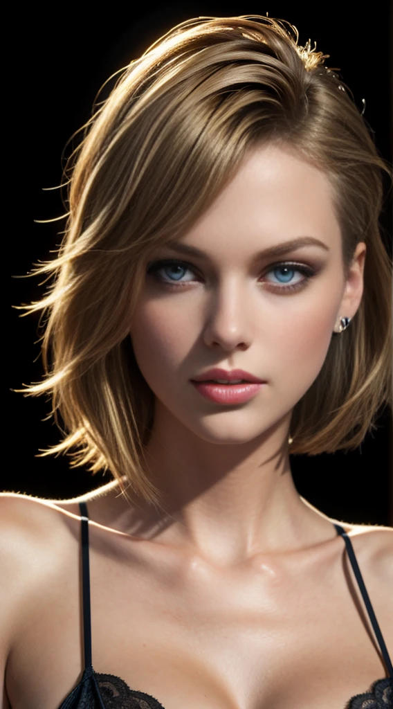 Gorgeous european woman with very short hair, short hair with fringe, wet hair, hair slicked back, combed straight back, slick hair, streaked blonde hair, seductive pose, taylor swift, torn ragged clothes, cleavage, solid dark grey background